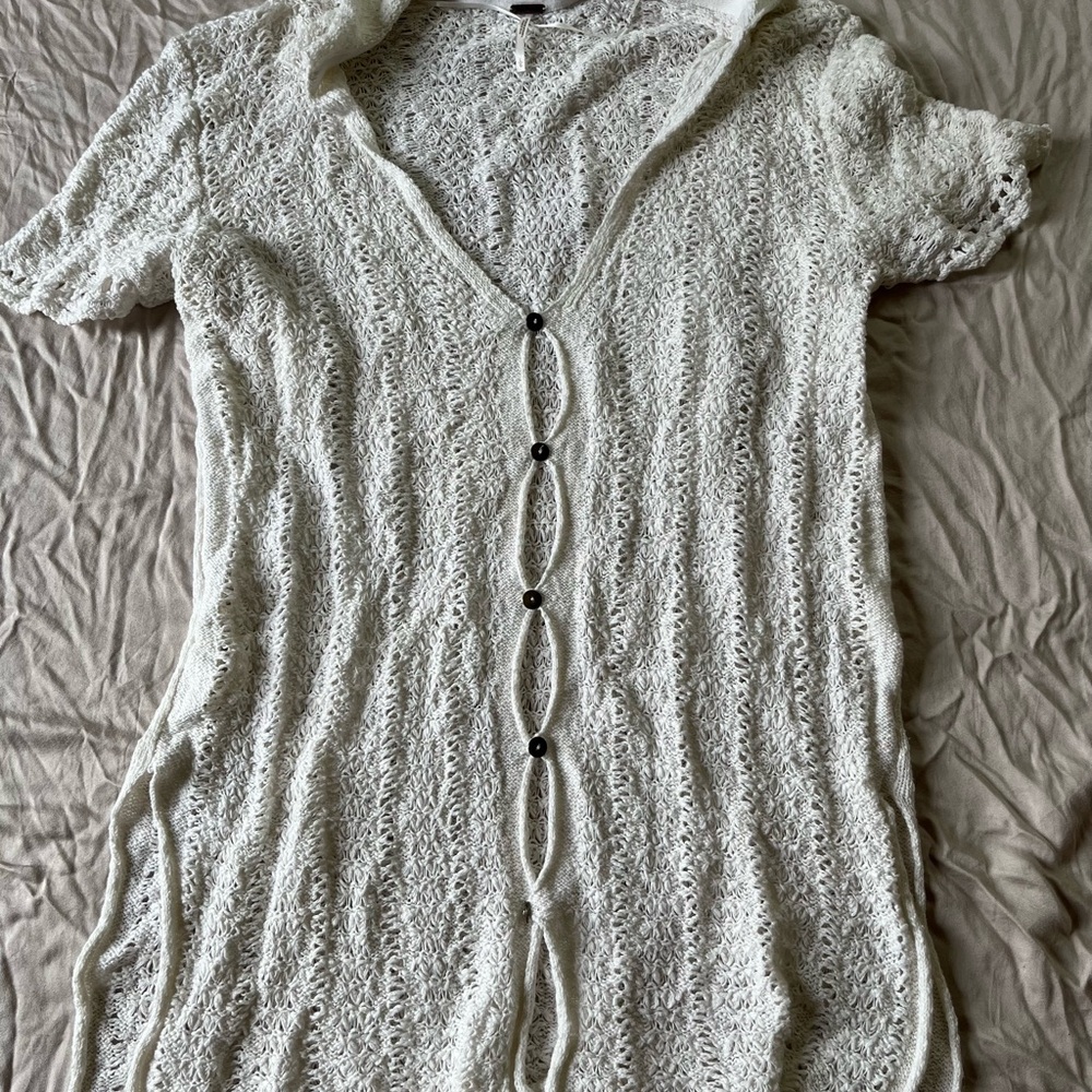 Free People Cream Crocheted Long Cardigan